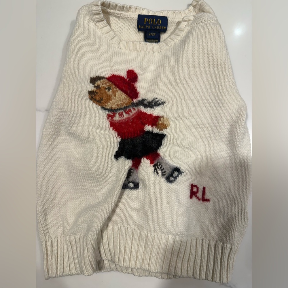 Ralph Lauren Polo Bear Crewneck Cream Sweater with Red Skating Bear 2T